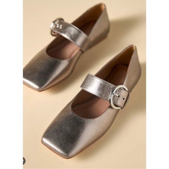 By  Anthropologie Square-Toe Mary Jane Flats Metallic 41/10 - Picture 1 of 2